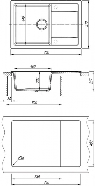 Мойка кухонная из литьевого мрамора Dr. Gans ТЕХНО 760 25.030.D0760.407 76*51 см. черный