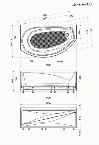 Ванна акриловая 1Marka DAMELIA 01дам1710л 170x100 см. левая 