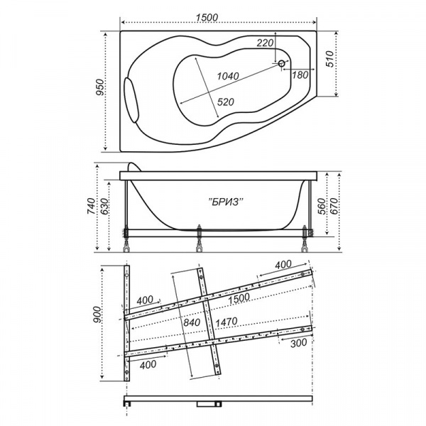 Ванна акриловая Triton БРИЗ  150x95 см. правая  Ванна акриловая Triton БРИЗ  150x95 см. правая