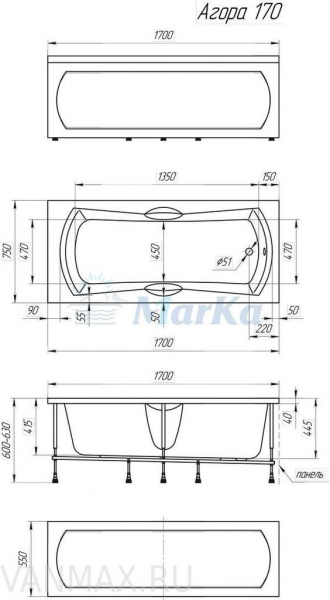 Ванна акриловая 1Marka AGORA 01аго1775 170x75 см.  Ванна акриловая 1Marka AGORA 01аго1775 170x75 см.